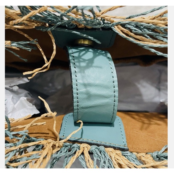 Patricia Nash Leather Turquoise Blue and Tan Straw Woven Tote - Picture 7 of 11